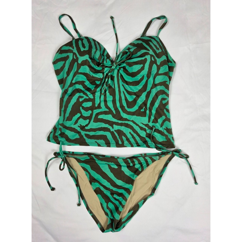 Victoria's Secret 36A top + L Bottom Swimsuit Green Brown Zebra Y2K 2 Piece Set